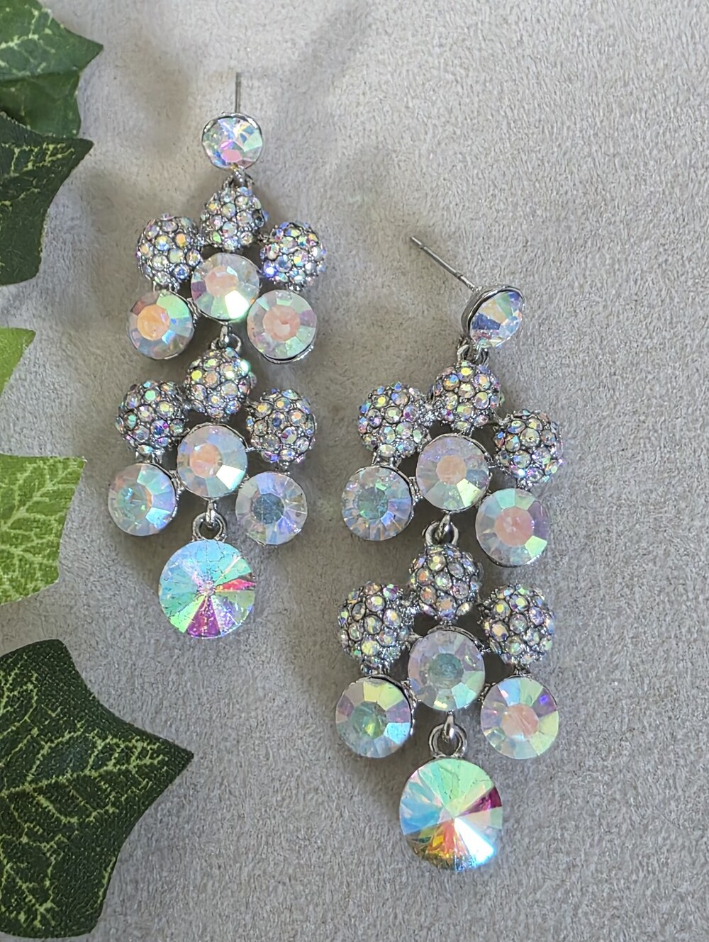 Sparkling AB Rhinestone Cluster Chandelier Earrings Silver Tone Statement